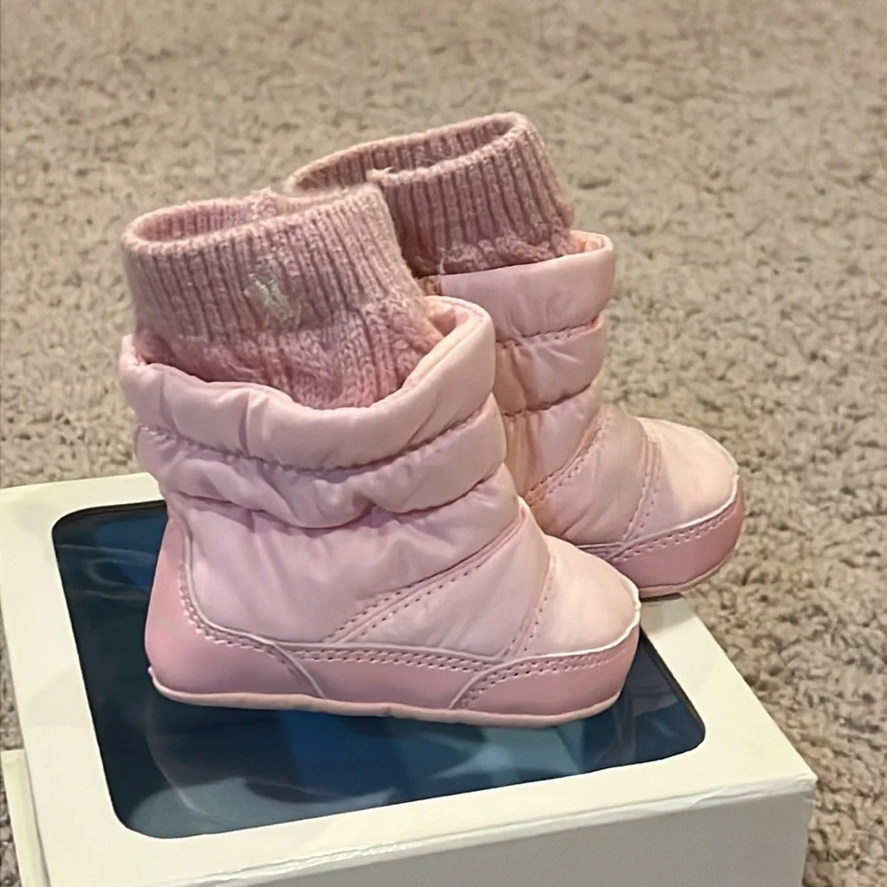 Polo Ralph Lauren Parka pink Puffer Baby Infant Booties Crib Shoes Girls size 1